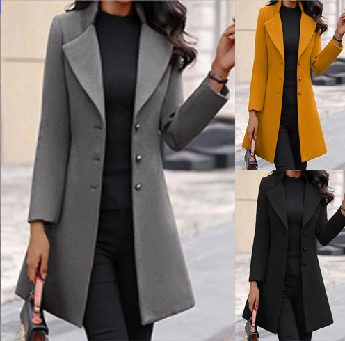 冬季新款女式外套韩版修身中长款2023亚马逊欧美女装跨境毛呢大衣详情图1