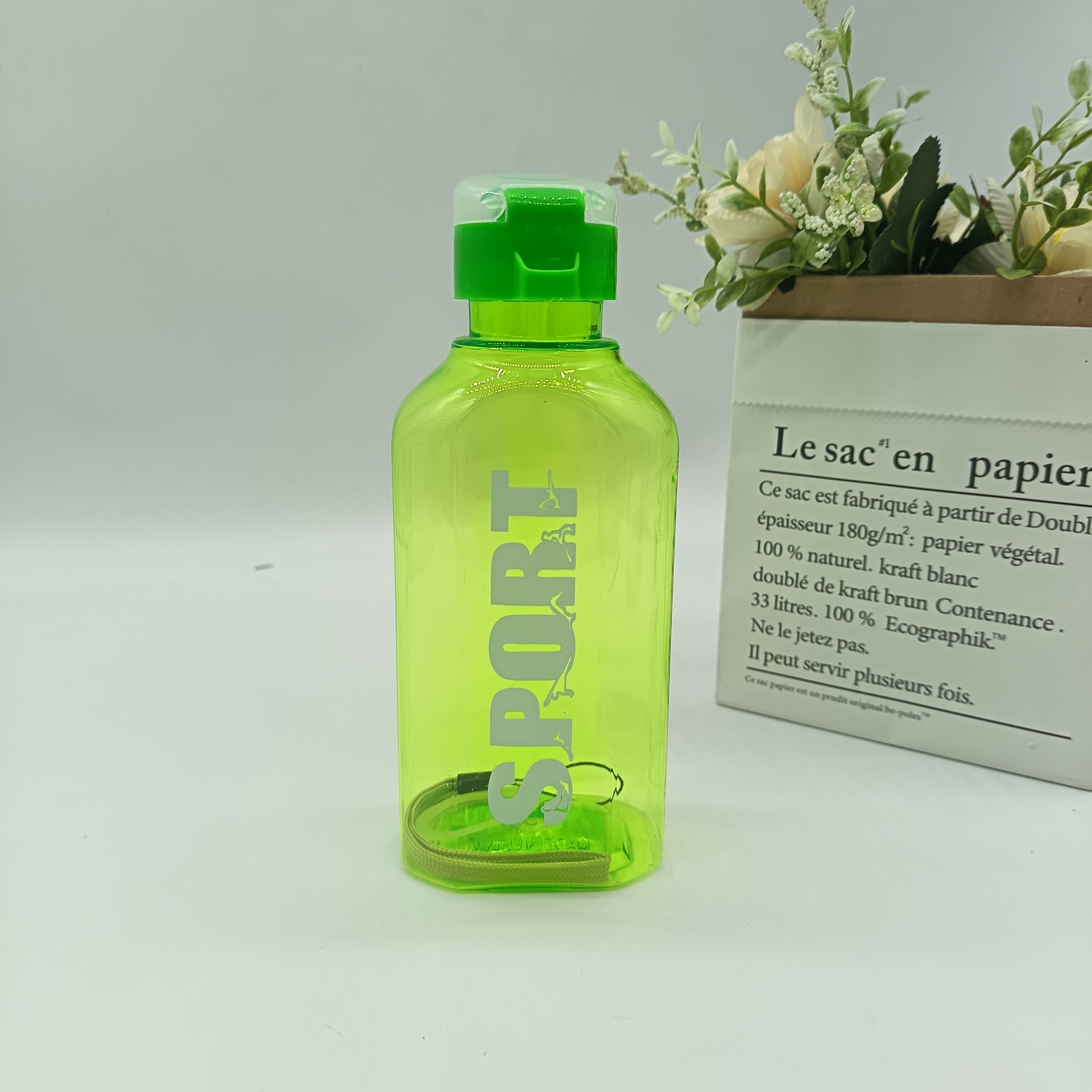 Fitness water bottle, vibrant color, minimalist letter style, space cup, men's and women's sports water cup, outdoor portable with a carrying rope full figure