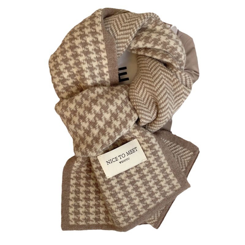 Thickened Warm Thousand Bird Lattice Scarf New Student All-Match Female Autumn Winter Solid Color High Love Knit Neck Item Picture