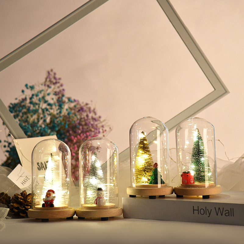 圣诞节装饰品新款发光小圣诞树摆件玻璃罩小夜灯桌面摆件圣诞礼物