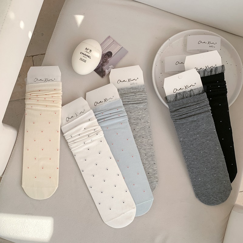 Sock stall, one-piece consignment, women's mid-calf socks, thin pile socks, polka dots, cute lace trim, grey, summer with small leather shoes, boneless socks, one-piece consignment Specification image