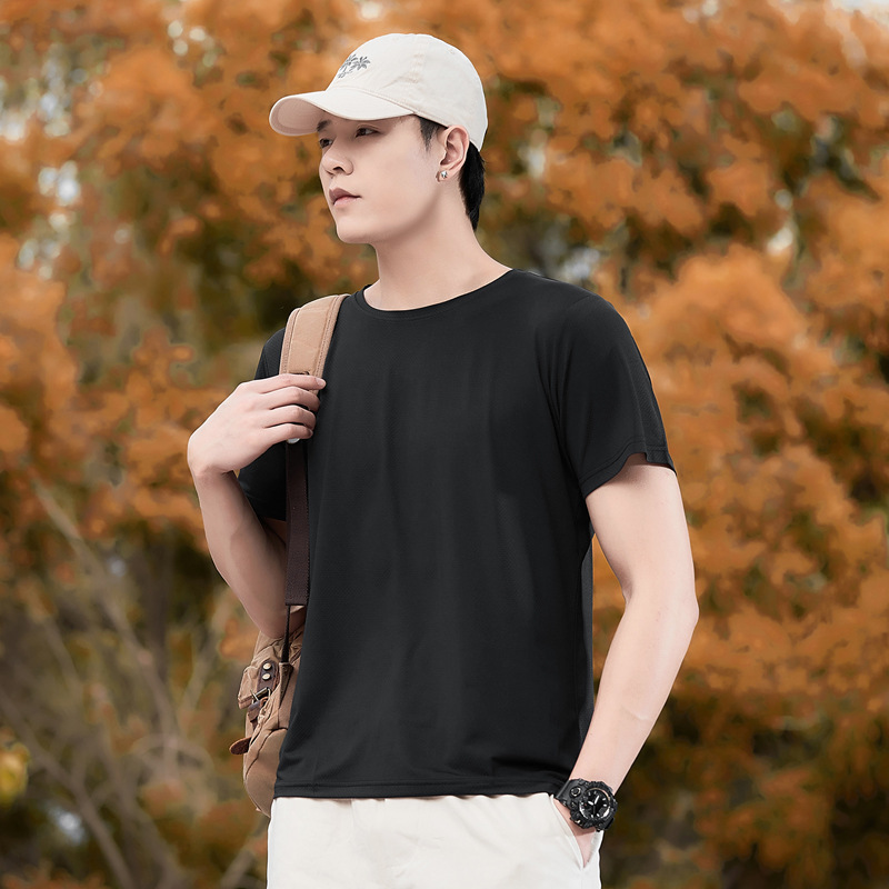 Ice Silk T-shirt short-sleeved men, ice silk mesh quick-drying breathable thin solid color casual summer youth round-neck T-shirt for men Application Scenario