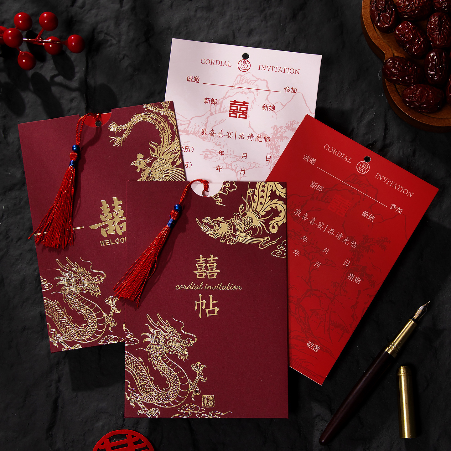 Wedding invitations and cards, new Chinese-style wedding, Chinese Sujiu Red invitation letters, wedding supplies, invitations and cards can be printed Specification image