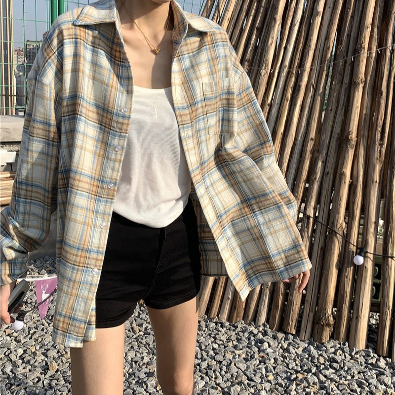 Plaid shirt for women 2024 Autumn new Korean style fashion girl petite retro long-sleeved shirt casual jacket Specification image