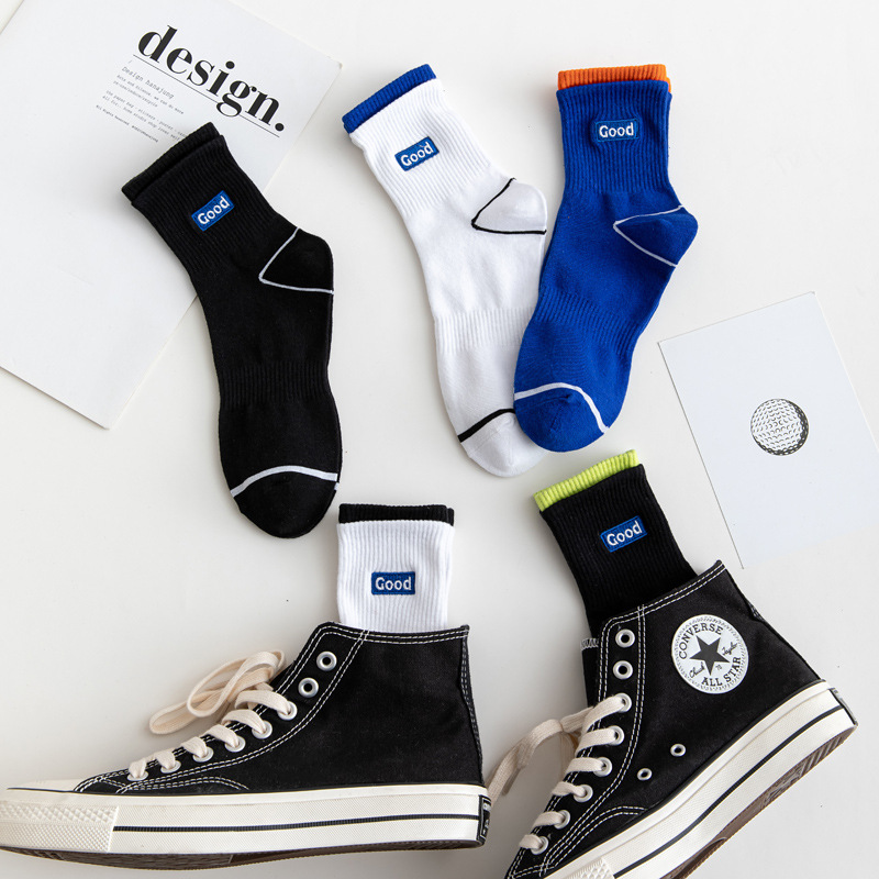 Basketball socks, men's mid-leg socks, GOODLUCK embroidered anti-odor and sweat-absorbing sports socks, ins trendy men's long socks, Spring and autumn Specification image