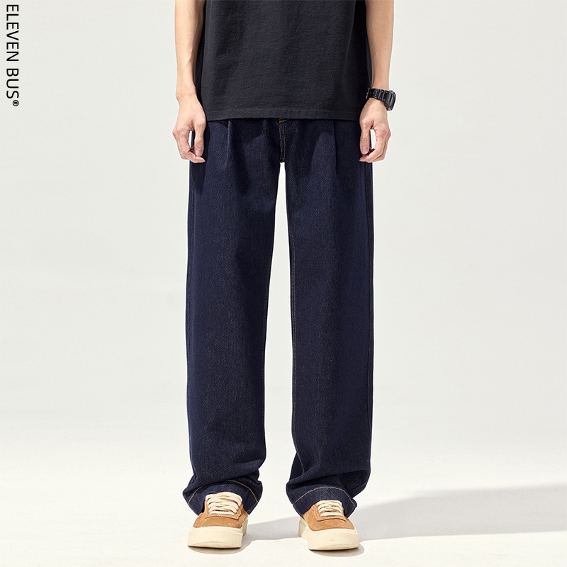 Spring and summer new men's denim blue casual jeans, American high street wide-leg straight-leg jeans, men's trend