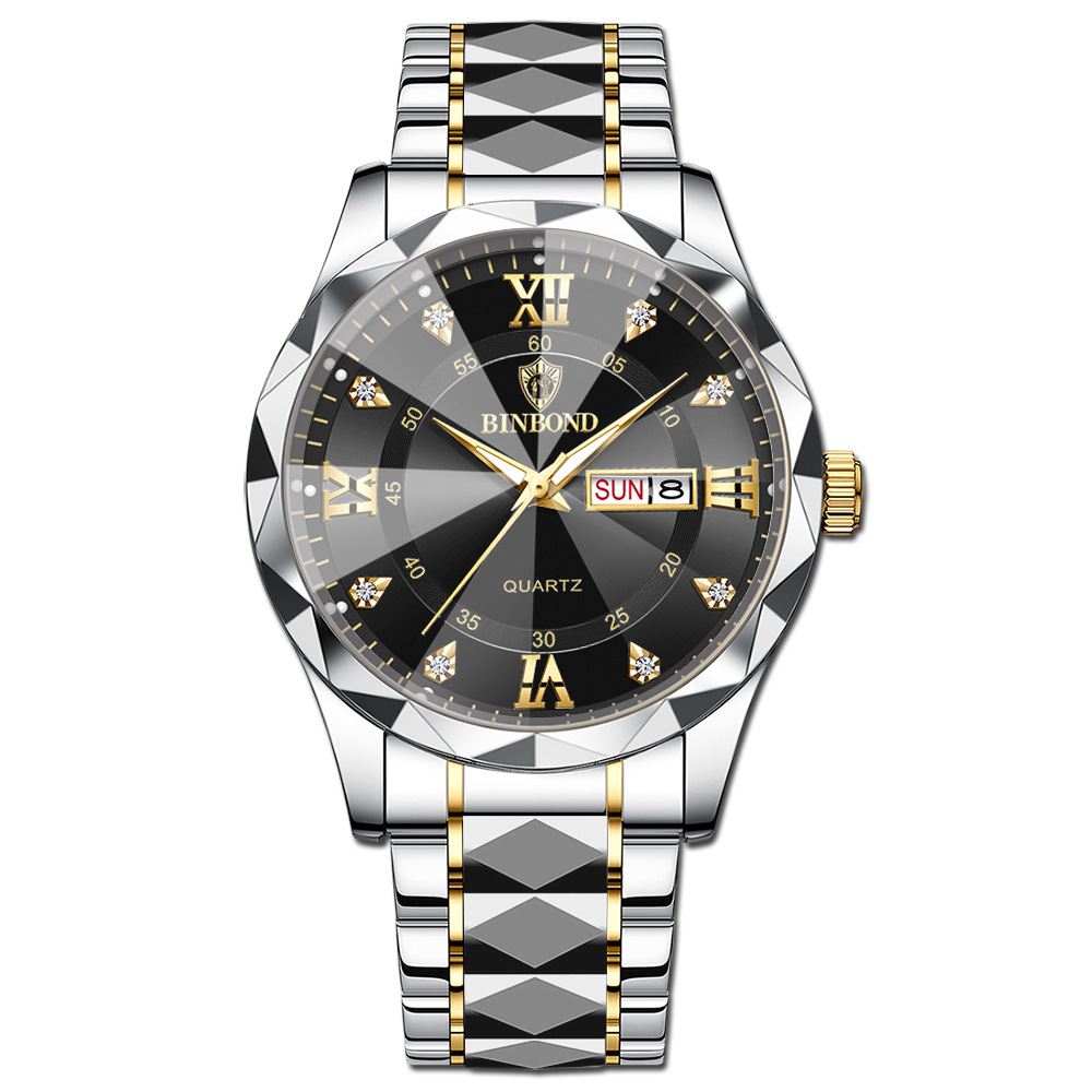 Binbang's new genuine men's watch, calendar day, luminous, waterproof, fashionable diamond-shaped mirror quartz wristwatch details Picture