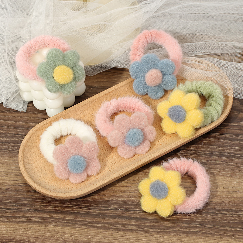 Wholesale of children's plush hair bands, Japanese and Korean girl flower hair ties, simple and cute hair tie leather band accessories for autumn and winter