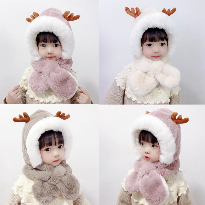Invierno niños sombrero bufanda uno hombre niña engrosado caliente peluche lindo bebé ciervo protector del oído sombrero mujer