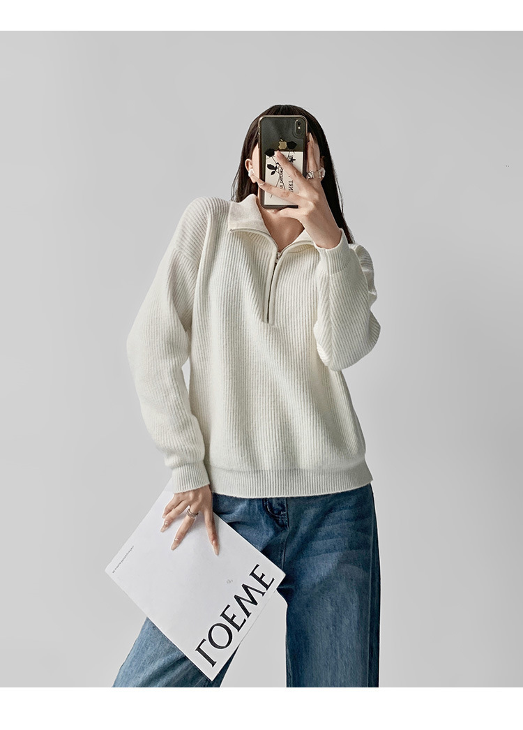 欧美秋冬新款半拉链毛衣女套头高级感宽松慵懒风纯色针织翻领上衣详情14