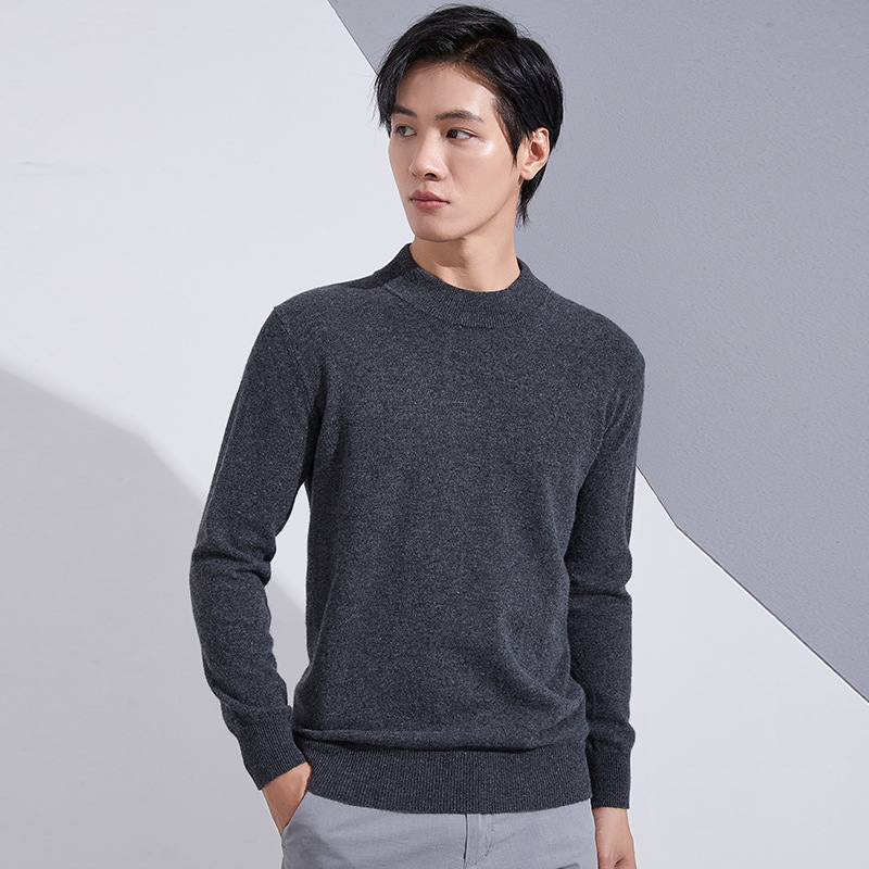 The new 100% pure wool sweater for men's business trend in autumn and winter is a solid color semi-high neck long-sleeved pullover with a knitted sweater underneath details Picture