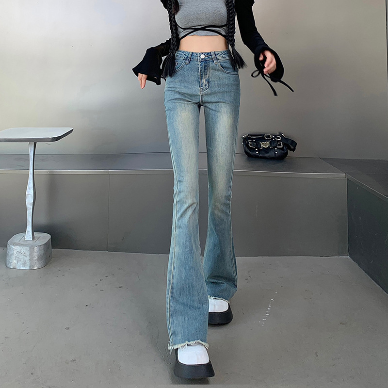 高腰复古弹力女士牛仔裤2023春季新款韩版修身显瘦毛边喇叭裤