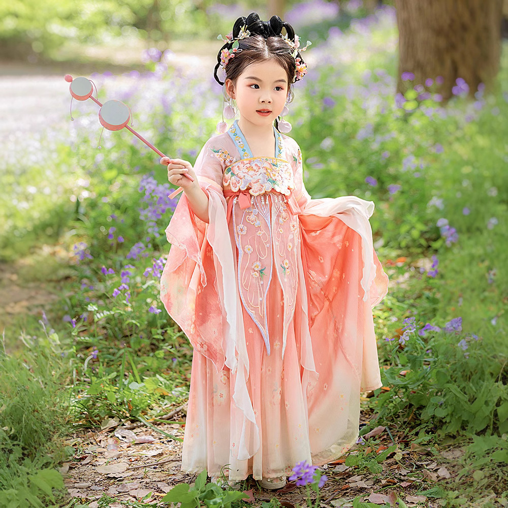Wholesale of new summer Chinese trend girls' Hanfu, girls' Chinese-style ancient dress, flower goddess daily dress, children's ancient-style blouse and skirt Specification image
