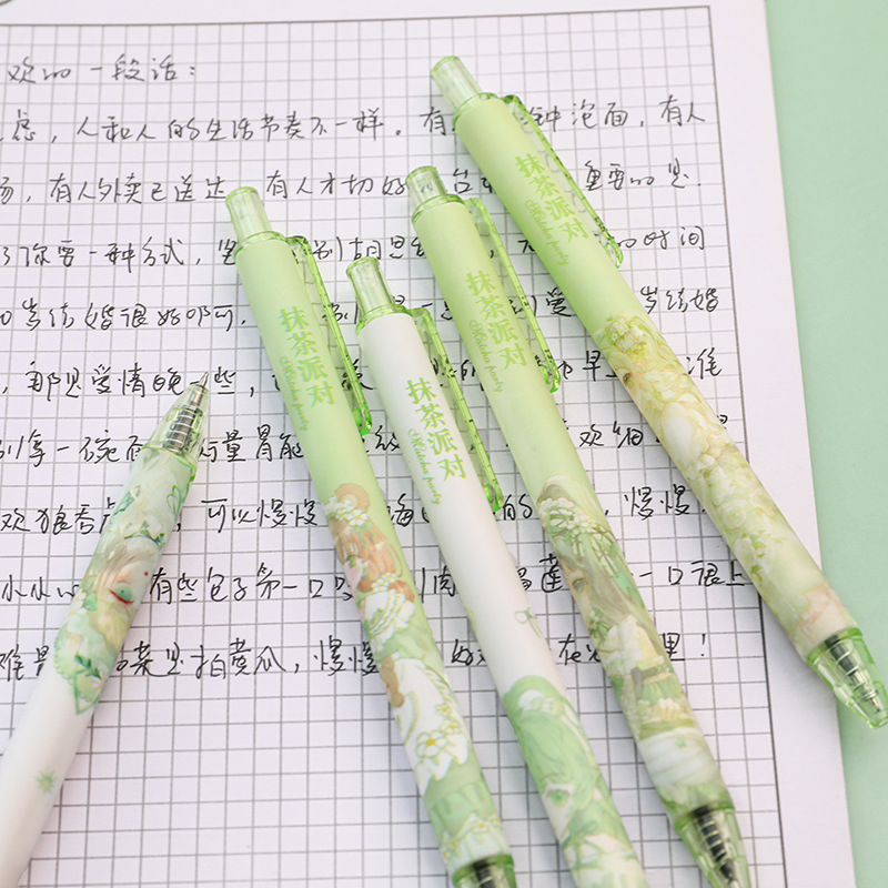Bag 6 Matcha Party Press Neutral Pen Student St Pen Quick-Drying Water-Based Pen Black Signature Pen Office Application Scenario