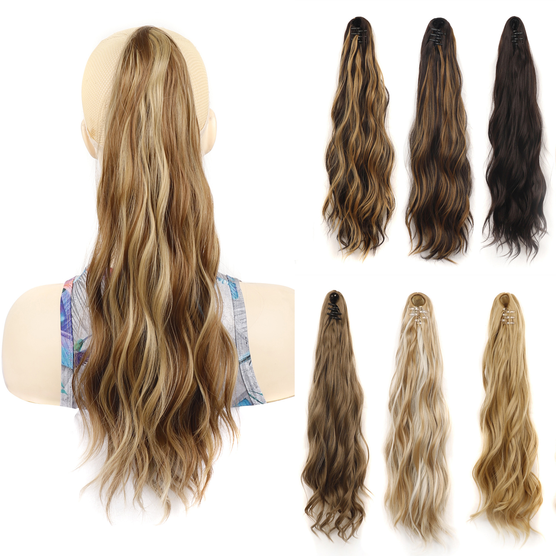 Foreign trade wig for women, long hair in a ponytail, European and American water wave long curly hair, small scratch clip synthetic fiber wig, high ponytail