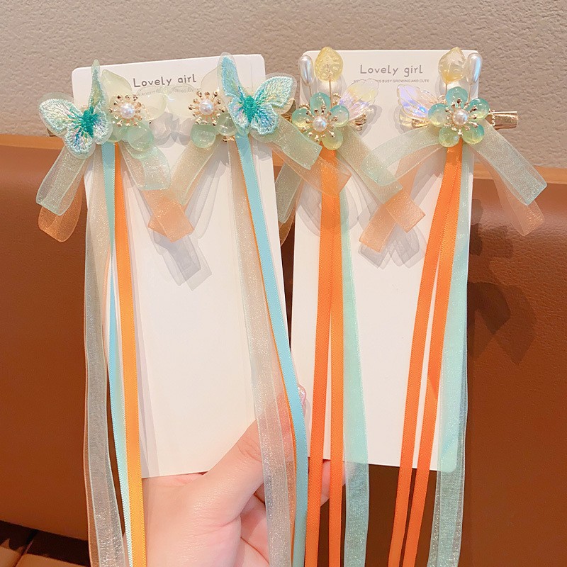 National trend series Hanfu headwear, children's ancient-style braids, girls' Chinese-style ribbons, tassels, bangs, hair clips, and bow hair accessories