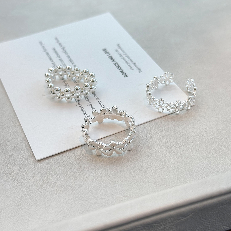 925纯银花朵戒指女简约优雅甜美气质森系小清新开口设计指环素银