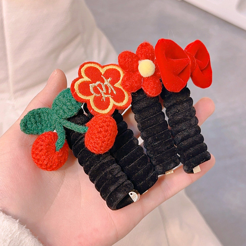 New Year's edition for children: Red bow, telephone line, hair tie, braid, ponytail, bun, hair rope, girls' hair accessory details Picture