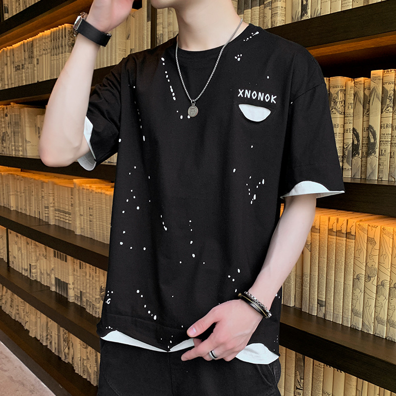 Summer Instagram Hong Kong style refreshing men's outfit Fake two short-sleeved T-shirts, trendy and trendy brand perforated ink-wash loose T-shirts details Picture