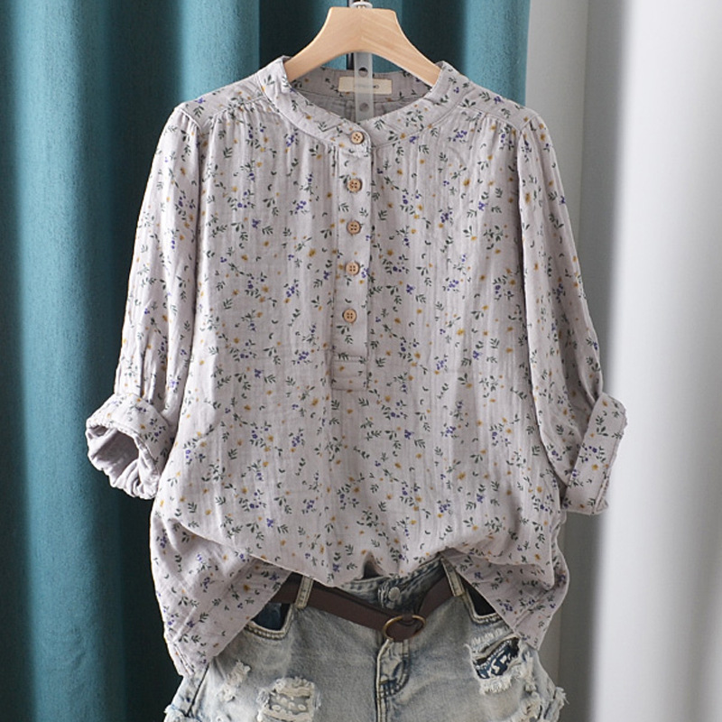 Summer retro floral stand-up collar double-layer baby cotton yarn three-quarter sleeve shirt, artistic style, loose cotton blouse for women Specification image