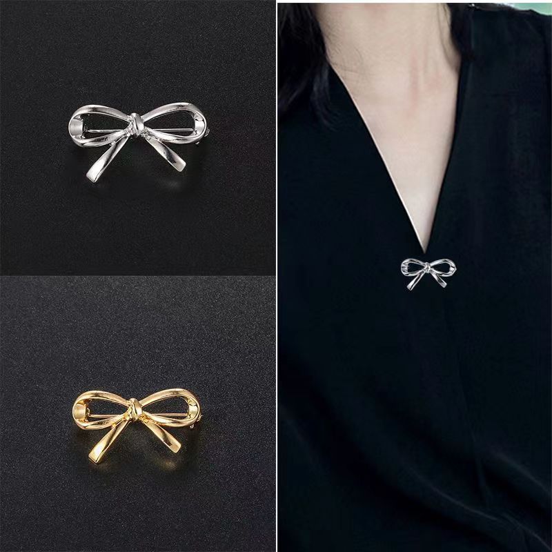 Korean-style bow neckline brooch, anti-glare women's versatile sweater suit pin, niche design clothing accessory
