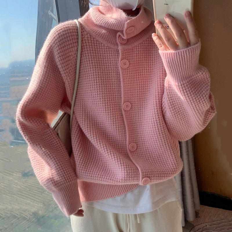 Soft and niche waffle single-breasted knitted cardigan for women 2022 autumn and winter new lapel long-sleeved sweater coat for women Specification image