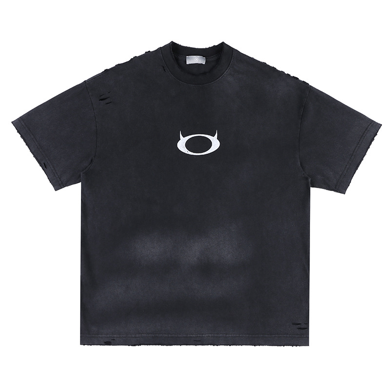 SUP Men's Wear - A new Spring/Summer 2024 collection: A trendy brand's signature washed gradient dyed simple devil logo short-sleeved T-shirt Item Picture