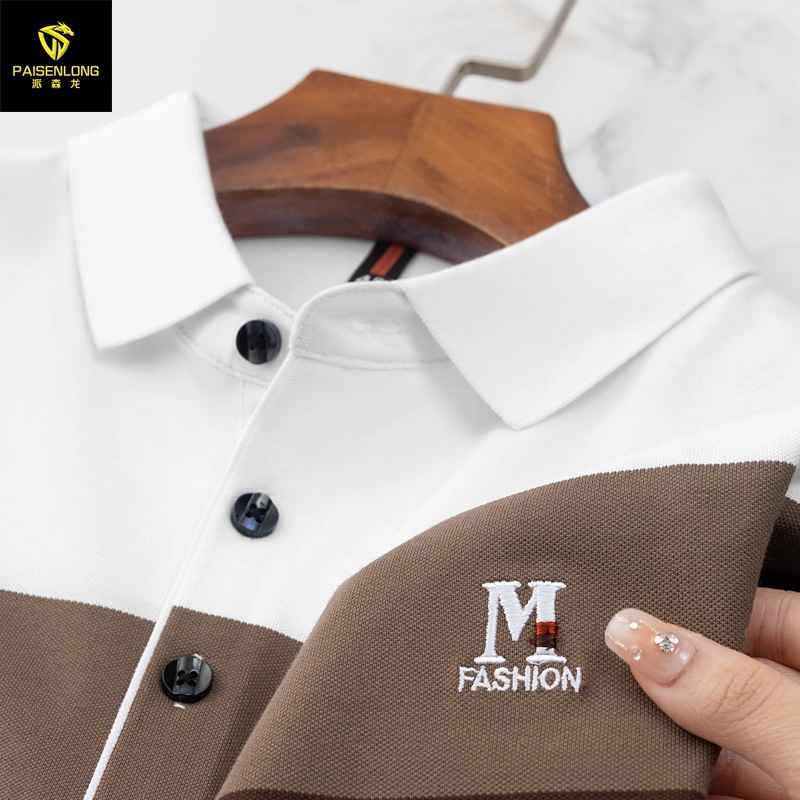 Paisenlong 2023 Mature Middle-aged Men Short-sleeved T-shirt, color-blocking striped lapel Middle-aged Men polo shirt top Specification image