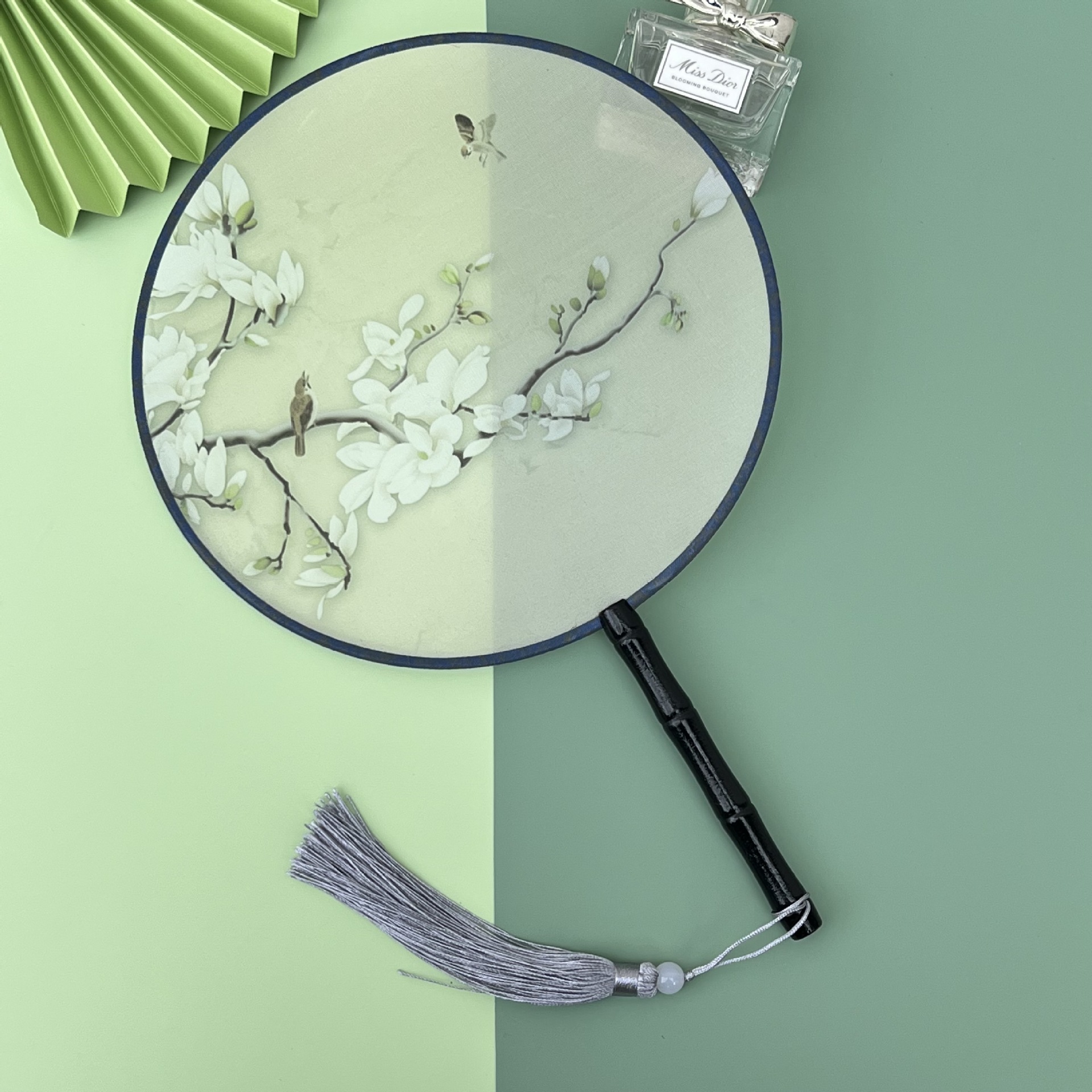 半透明古风玉兰双面图团扇配汉服拍照摄影道具舞蹈演出走秀圆扇子