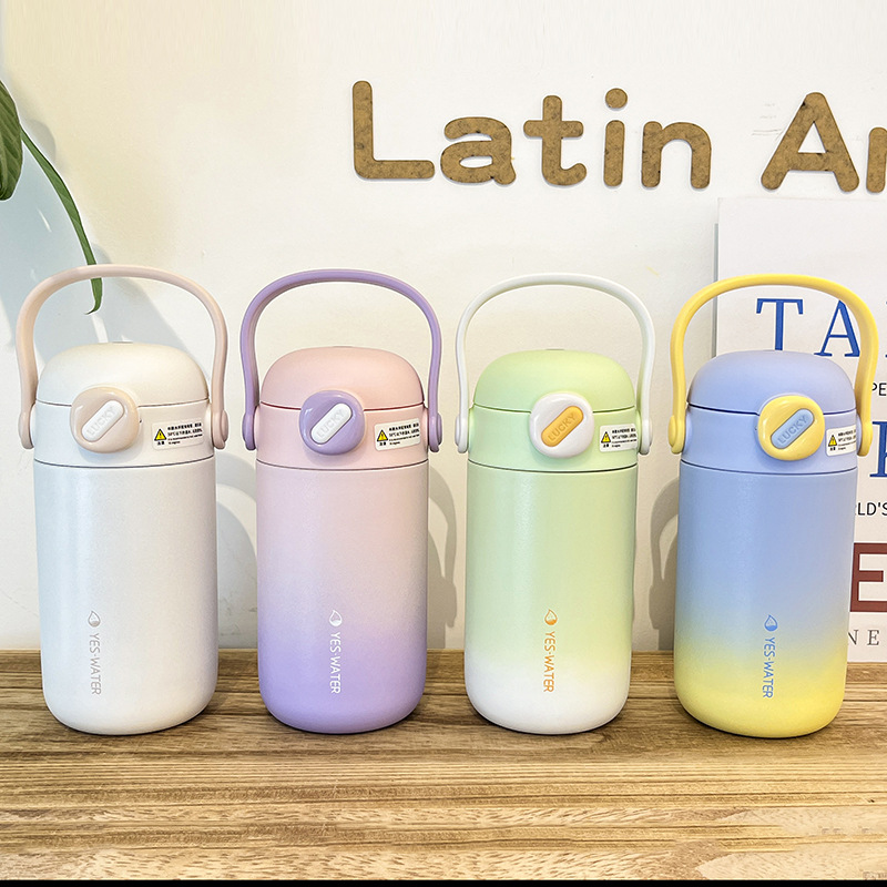 Wholesale of high-appearation-level, simple and insulated water cups, convenient carrying rings, double-drinking, creative gradient student sports travel cups Specification image