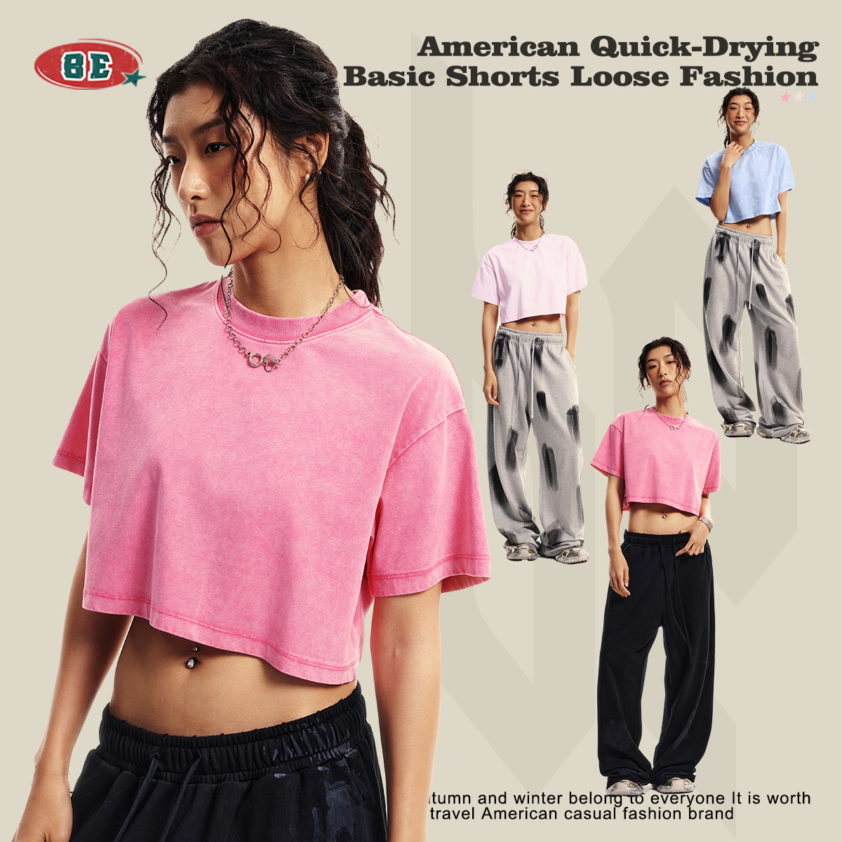 BE Women's 2025 Spring/Summer Trendy brand new crop top, Spice Girl style Loose short sporty short-sleeved T-shirt for women