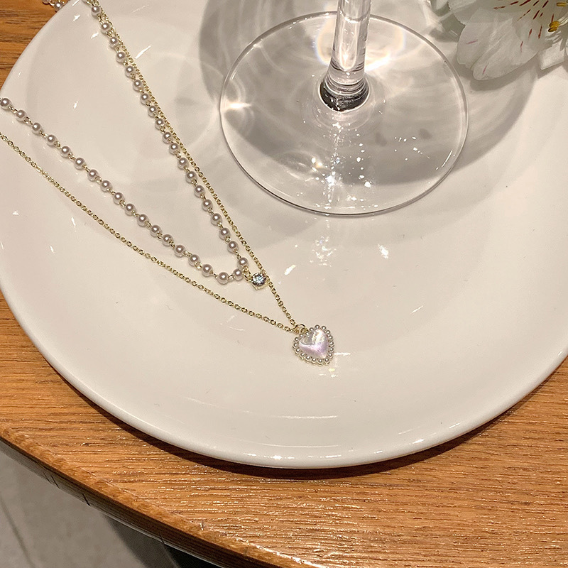 Summer pearl double-layer heart-shaped necklace for women, light luxury high-end design, niche layer-and-wear exquisite collarbone chain necklace, ins Specification image