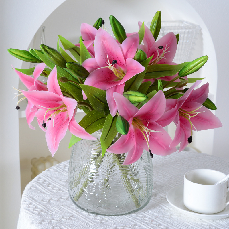 Single simulation 3-head mini lilies, hand-held film artificial flowers, home decoration, photography props, artificial flowers wholesale details Picture