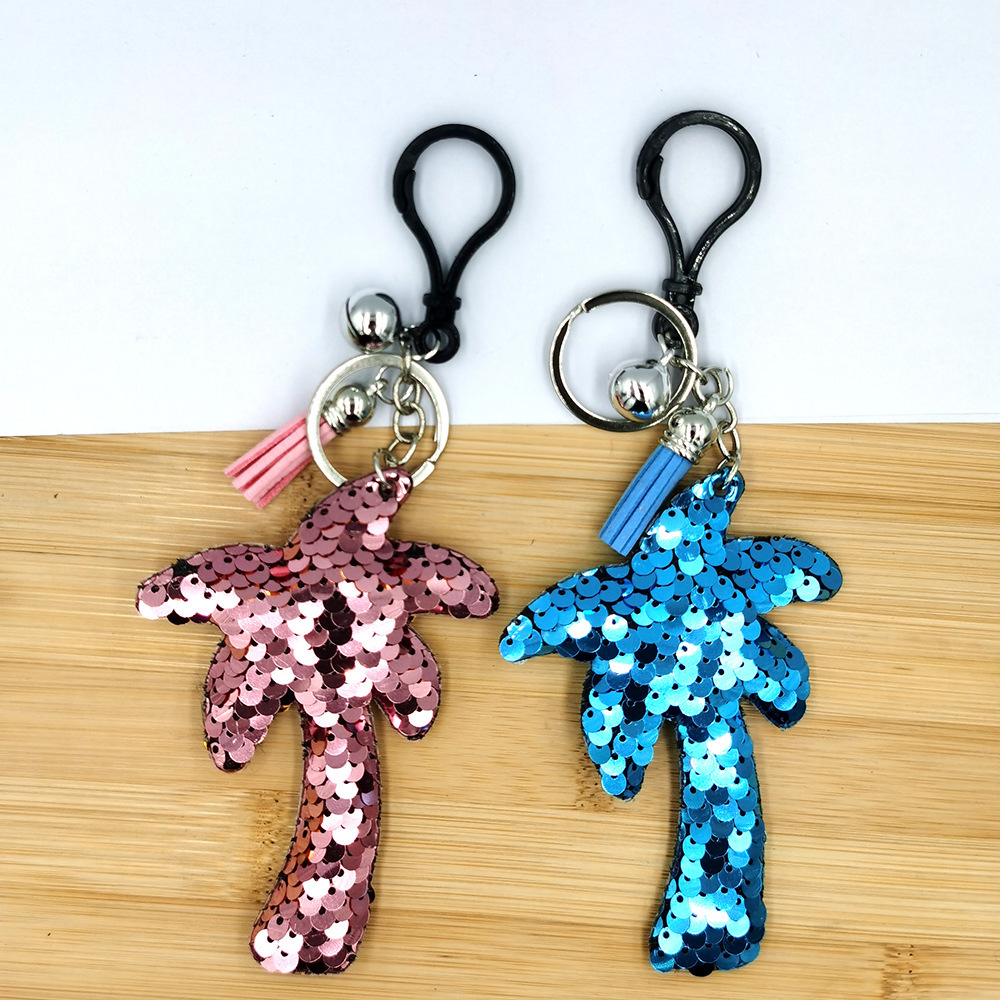 Reflective coconut tree keychain, sequined tassel, bell bag, car pendant, hanging decoration, accessories and accessories Specification image