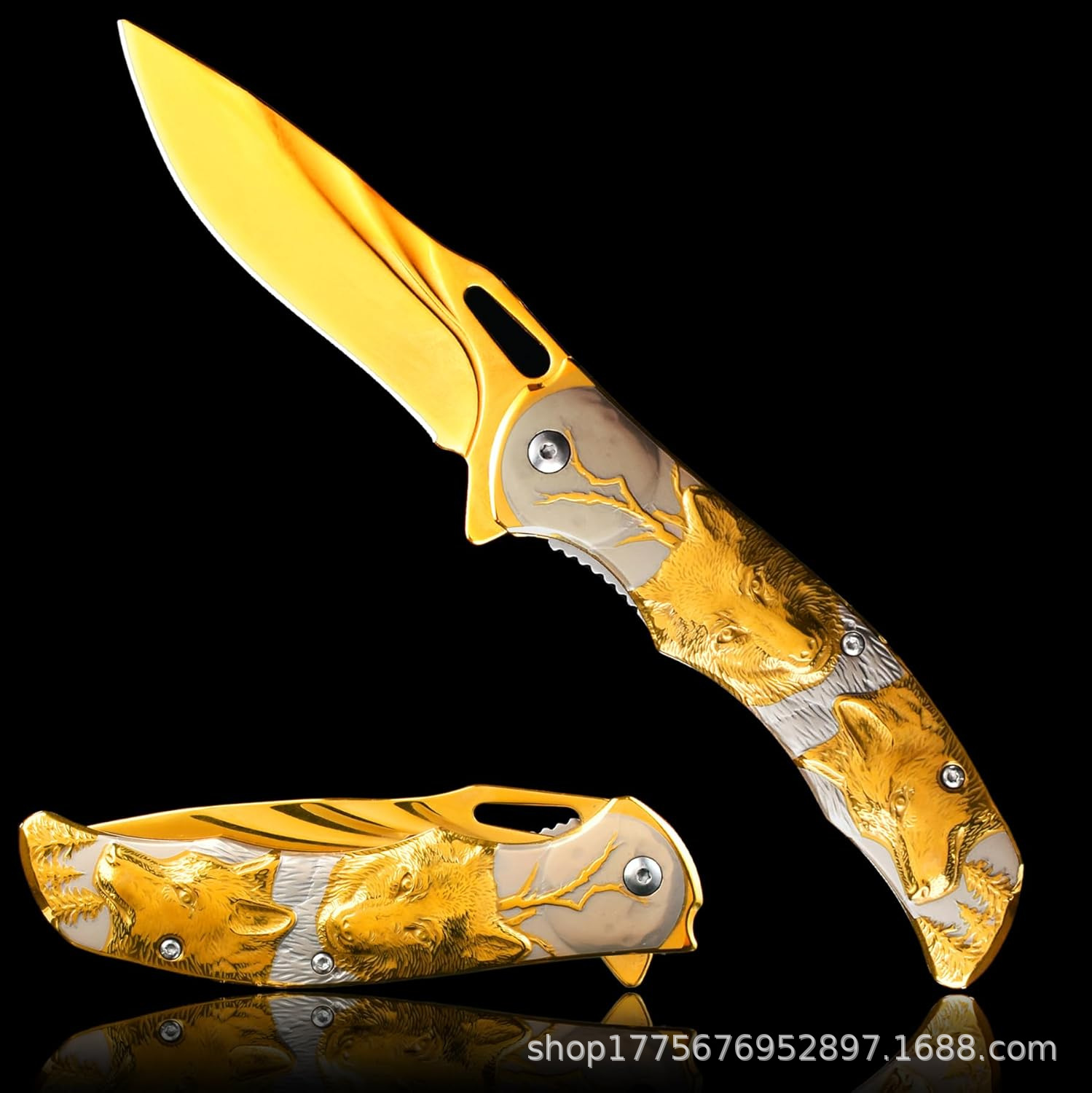 Cross-border best-selling outdoor knife 3D Wolf pattern folding knife camping travel survival knife small folding knife in stock Specification image