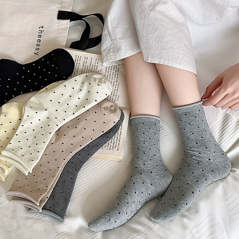 One-piece consignment of polka dot socks for women in spring and autumn, thin anti-odor and sweat-absorbing cotton rolled-edge mid-calf socks, Japanese-style pile socks, Zhuji hosiery one-piece consignment