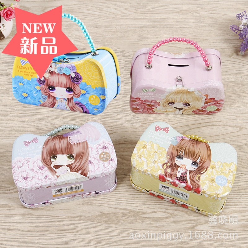 New Cartoon Girl Children's Hand-Held Beaded Chain Piggy Bank Creative Gift Tinplate Piggy Bank Password Lock
