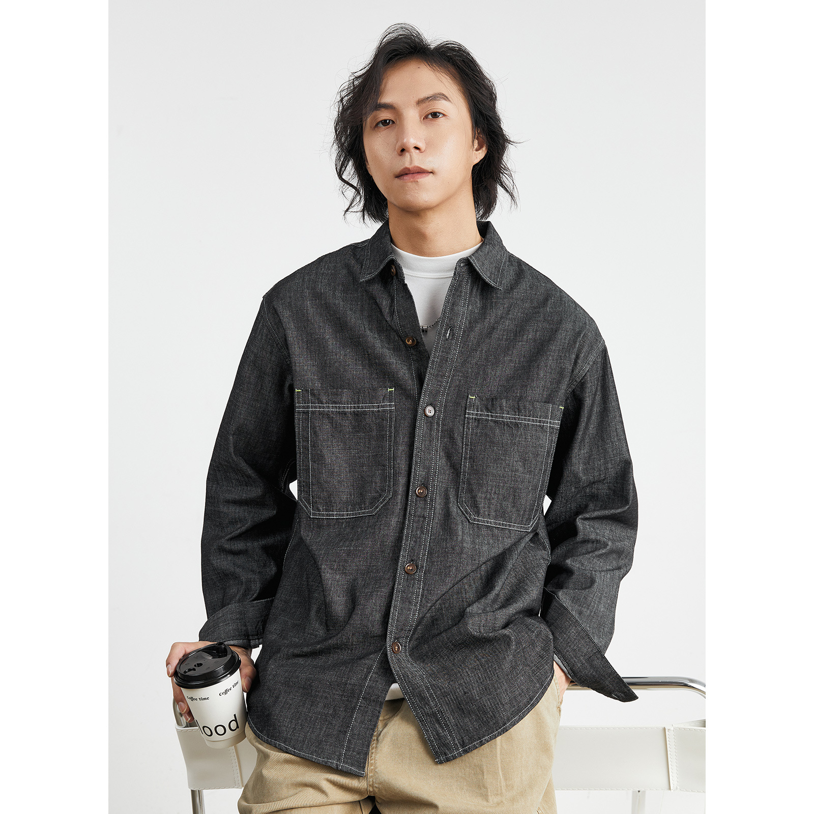 Yizhi Men's American retro denim long-sleeved shirt for men 2025 Spring New workwear style loose jacket for men details Picture