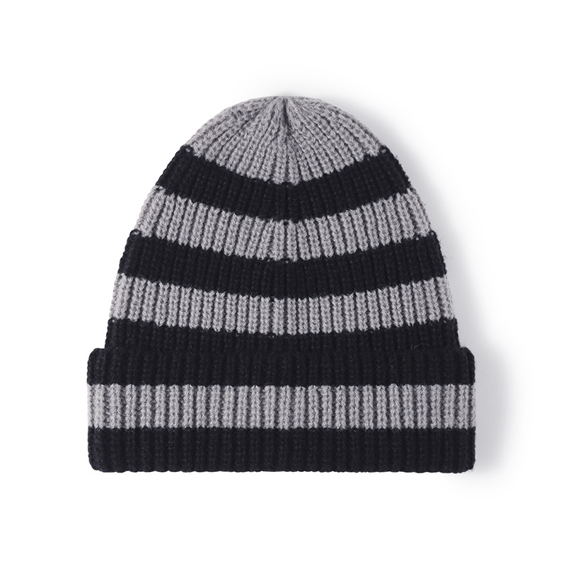 A versatile, warm, thickened, large-necked cold hat for women in autumn and winter, a fashionable striped and color-blocked woolen hat, and a knitted hat without a brim Item Picture