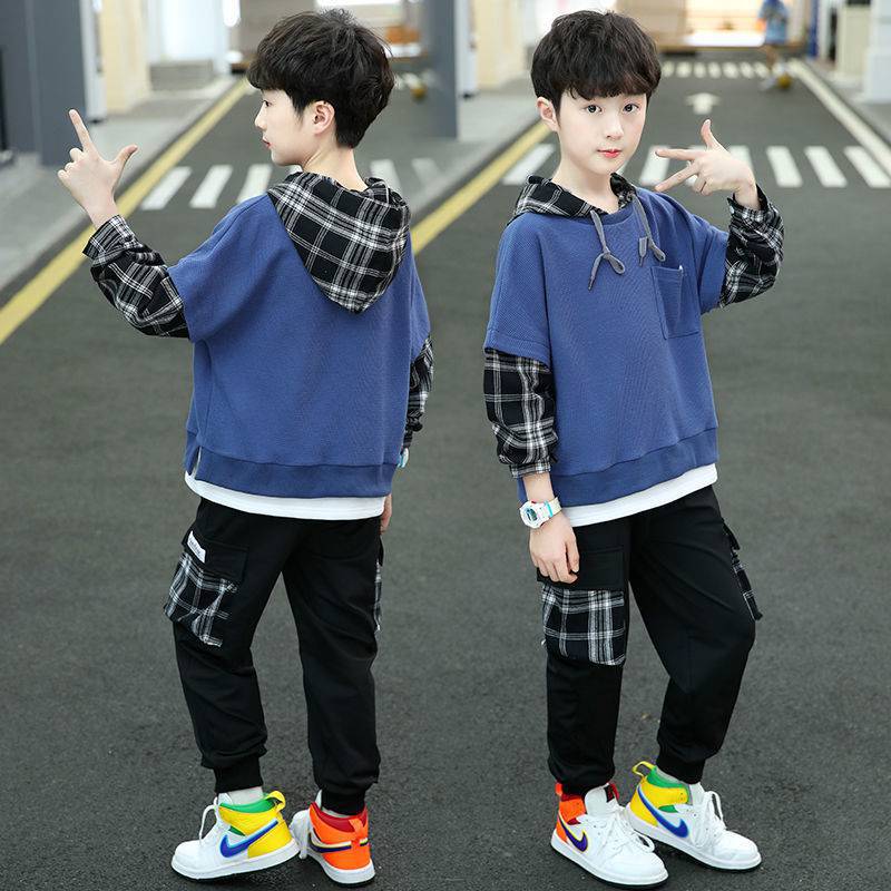 Boys' autumn and winter set, Children's 8 sports 9 Winter 10 fleece hoodie and long pants two-piece set, big boys' clothing for 12 years old Item Picture