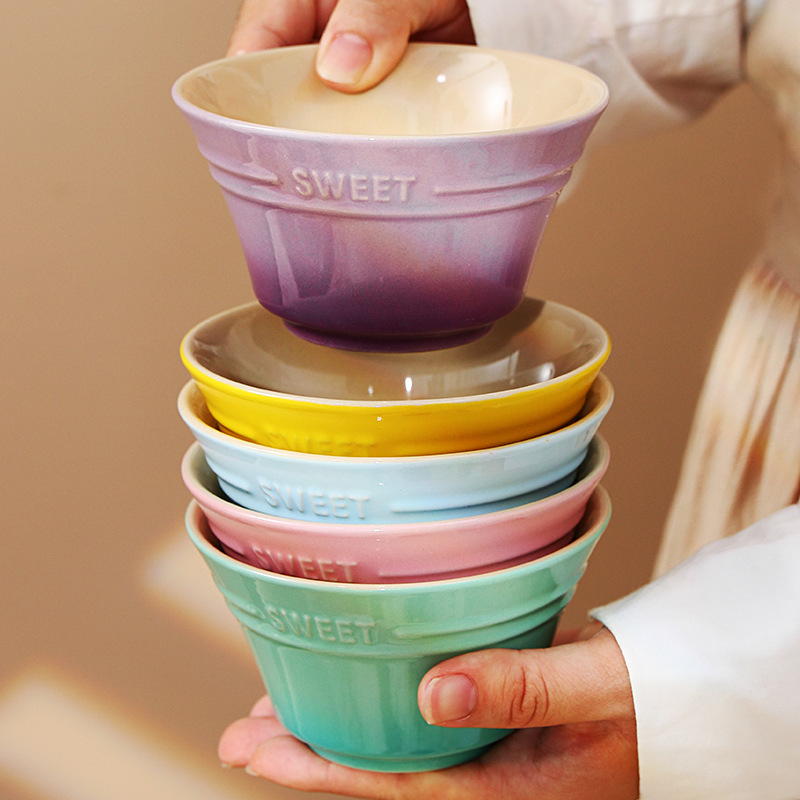 美式渐变彩虹色陶瓷碗LC米饭碗酷彩家用餐具INS可爱蒸蛋碗小汤碗详情图1