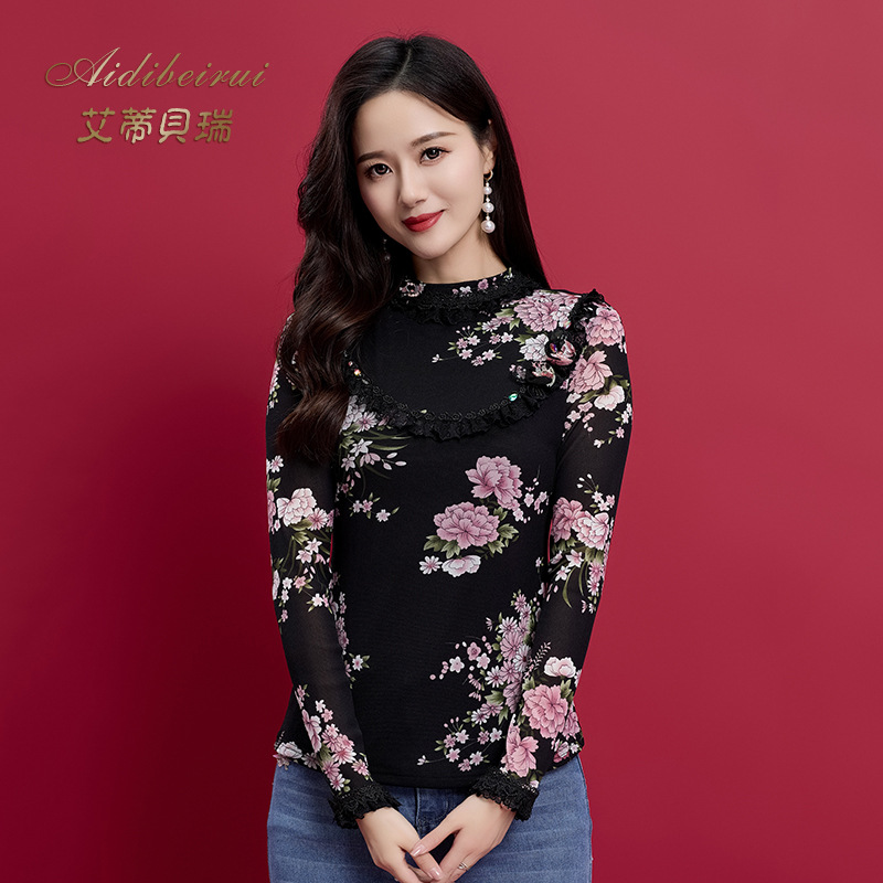 2025春蕾丝衫法式碎花气质时尚妈妈洋气上衣打底衫长袖印花小衫女