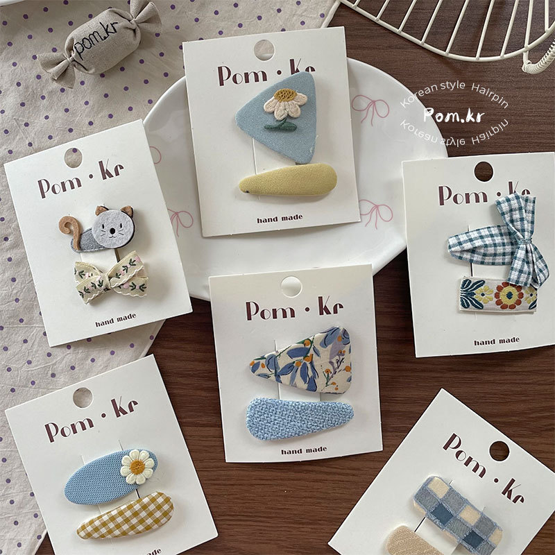 New Korean-style blue floral bow hair clip for girls, side bangs bye-bye clip for children, fabric pair clip details Picture