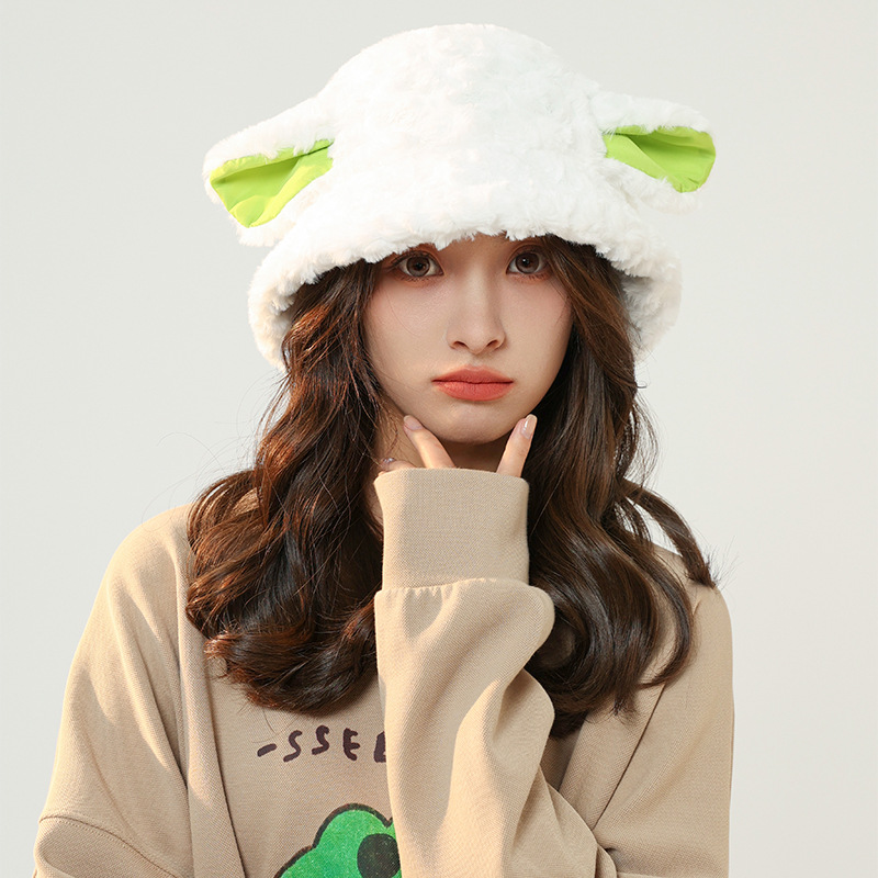 Korean Version Of Cute Sweet Sheep Baa Baa Ear Hat Plush Warm Lamb Fisherman Hat Female Winter Sheep A Sheep Basin Hat details Picture
