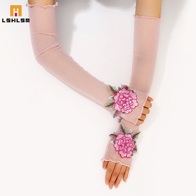 夏季新款刺绣花朵装饰防晒袖套时尚木耳边撞色银线冰袖纯色袖套