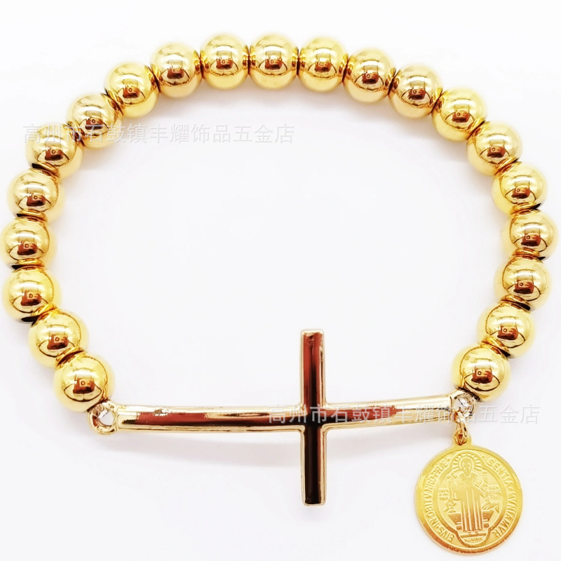 跨境热卖8mm不锈钢串珠加十字架弯牌手链圆珠手链diy弹力绳手链详情24