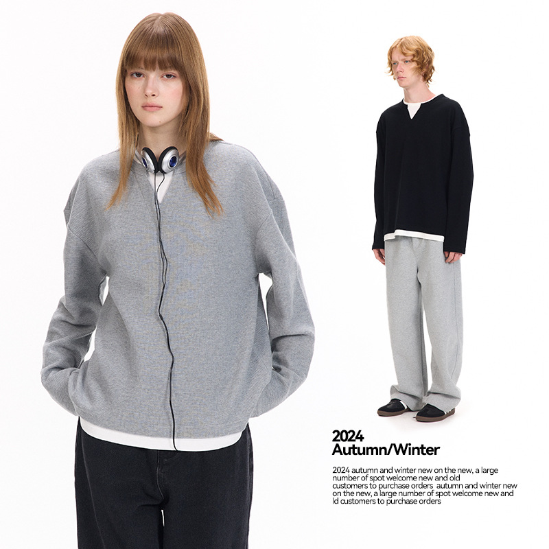 UNF's new autumn and winter collection of niche American fake two-piece Waffle solid color long-sleeved T-shirts, 320G round-neck knitted sweaters for men and women Specification image