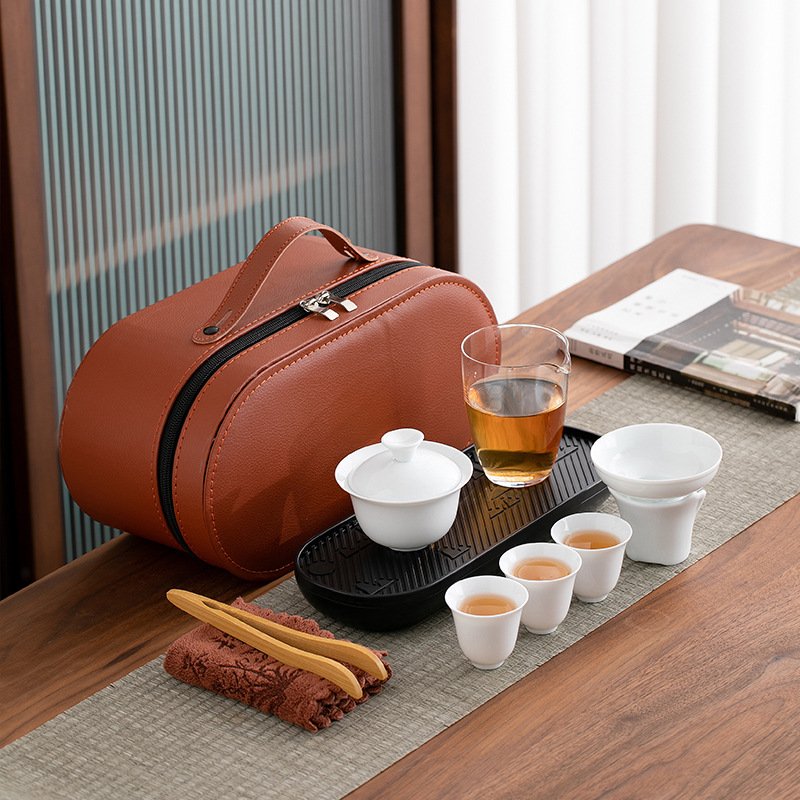 白瓷旅行茶具套装户外便携式带茶盘logo订zhi高端商务礼品随手礼.