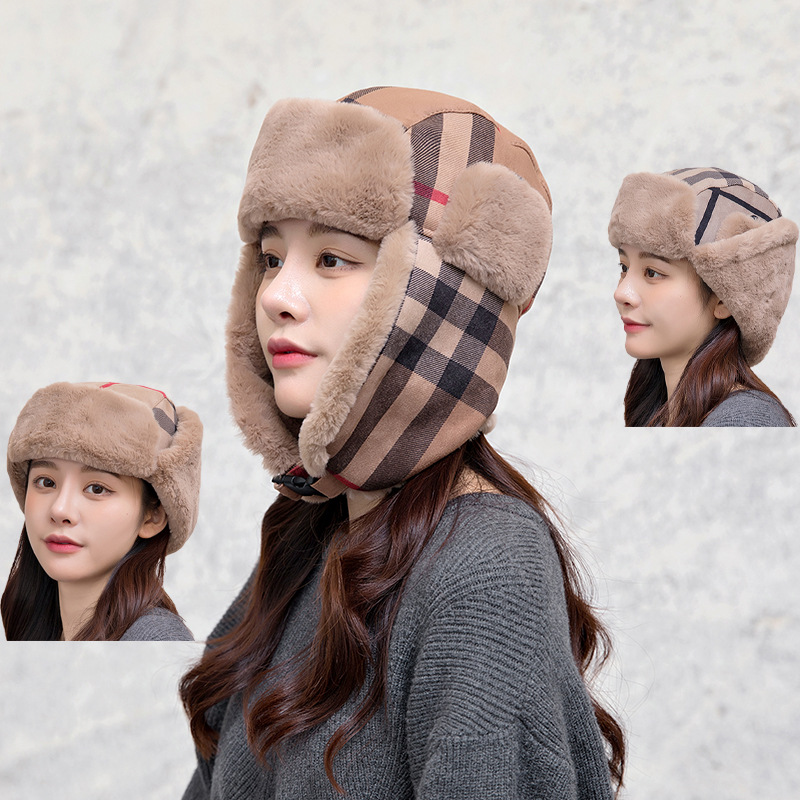 2021 Autumn And Winter New Lei Feng Hat Female Thickened With Velvet Ear Protection Plaid Winter Hat Cycling Windproof Warm Necessary Spot
