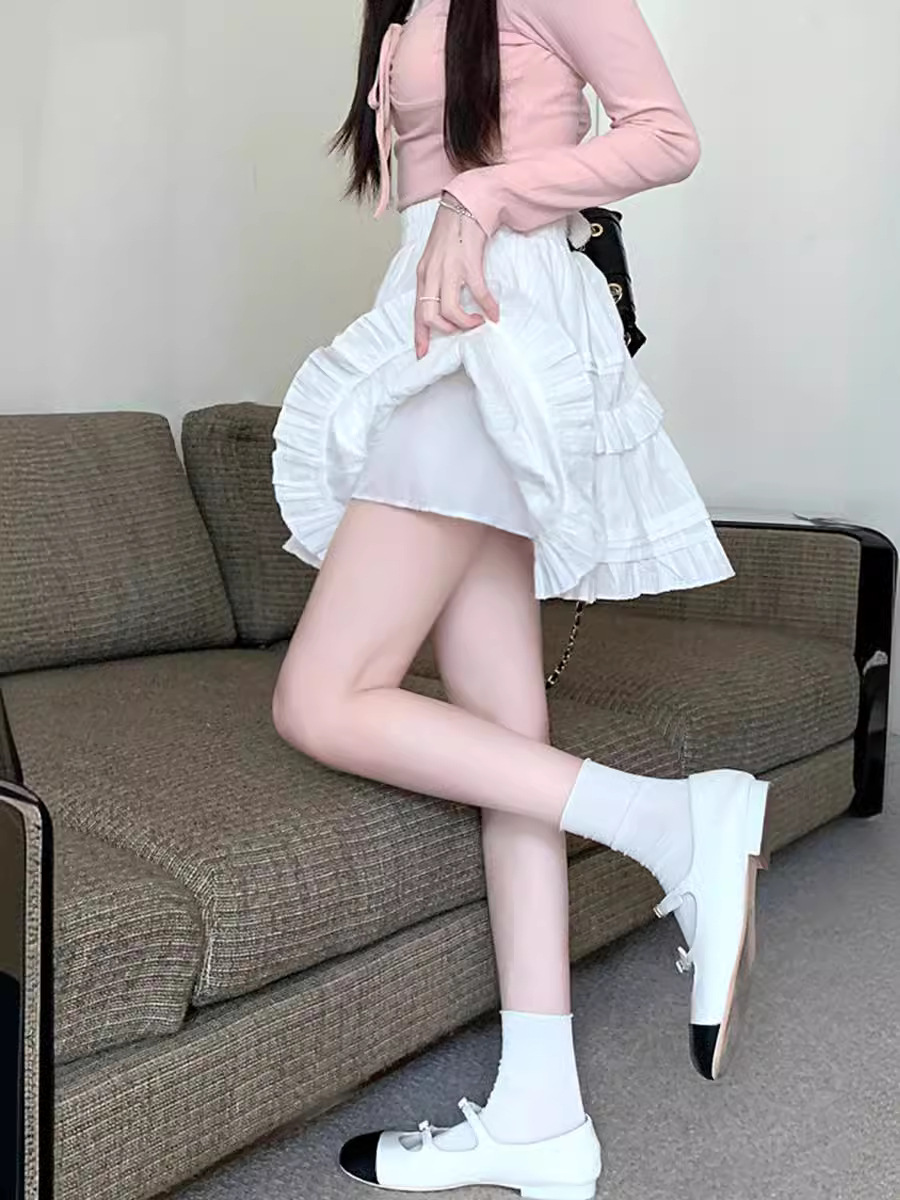 2024纯棉芭蕾风白色荷叶边防走光半身裙女小个子蛋糕蓬蓬裙短裙A字裙
